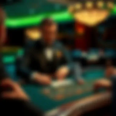 A dealer facilitating a lively game of blackjack