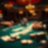 An intricate layout of a poker table with cards and chips