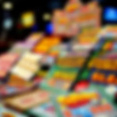 A vibrant display of various scratch-off lottery tickets showcasing their colorful designs.