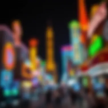 The vibrant nightlife of Downtown Grand Vegas, with neon lights illuminating the bustling streets