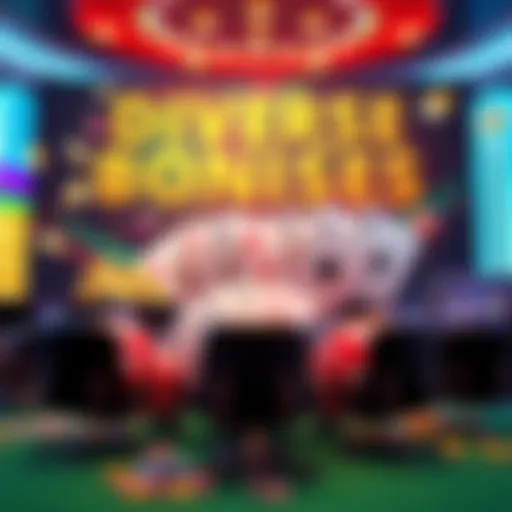 A vibrant online gambling promotional banner showcasing various bonuses