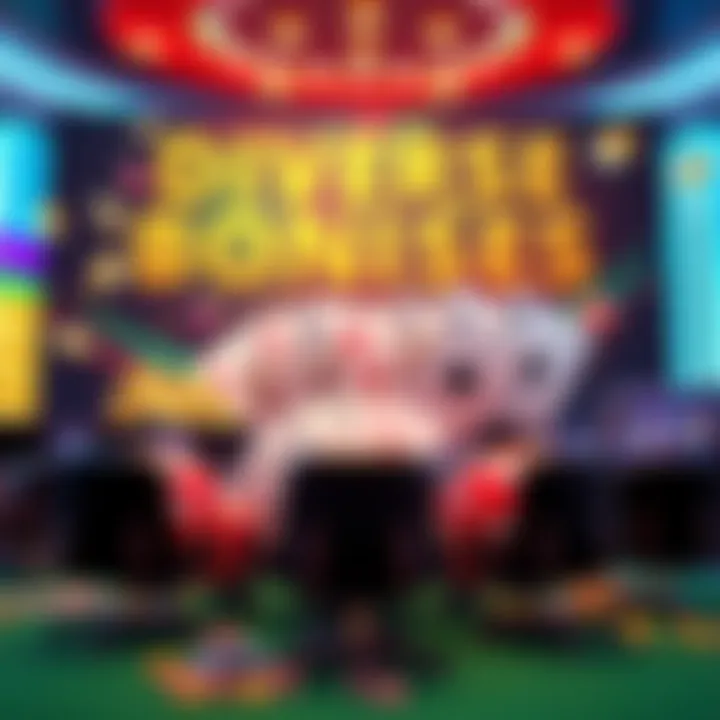 A vibrant online gambling promotional banner showcasing various bonuses