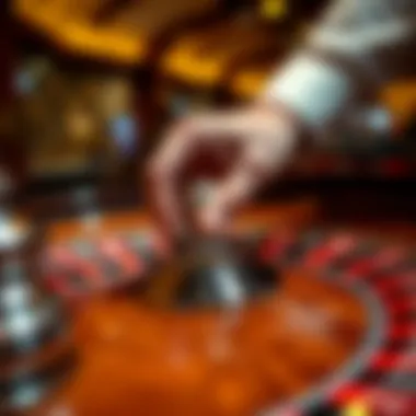 A close-up of a hand placing a penny bet on a roulette wheel with excitement.