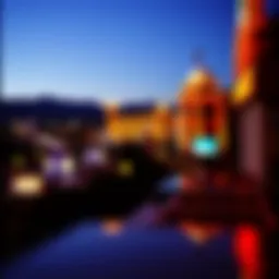 A panoramic view of South Shore Tahoe casinos at dusk with lights glowing
