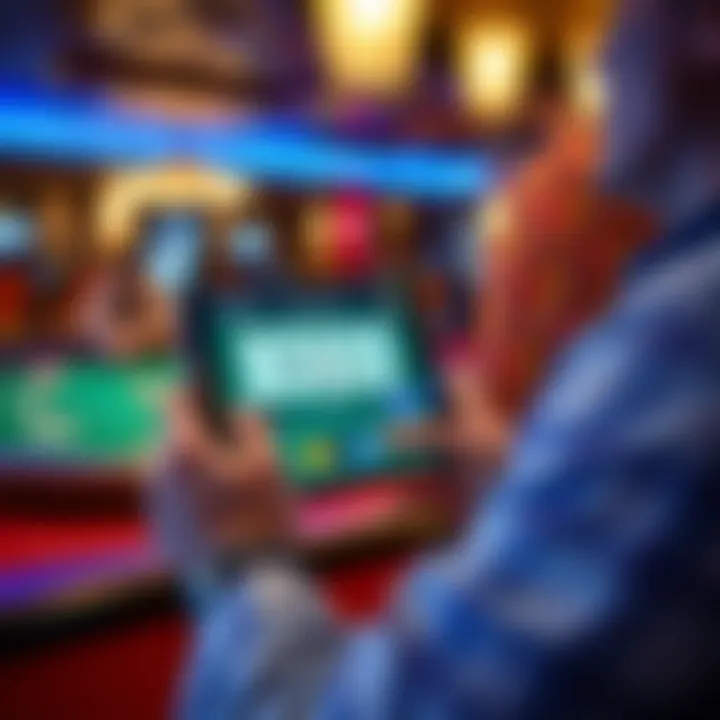 Engaging with Blackjack Apps A user engaging with a blackjack app in a lively setting