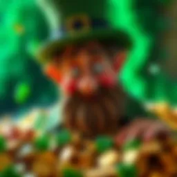 A whimsical illustration of a leprechaun surrounded by gold coins and shamrocks