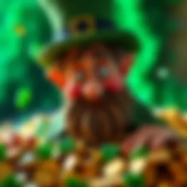 A whimsical illustration of a leprechaun surrounded by gold coins and shamrocks