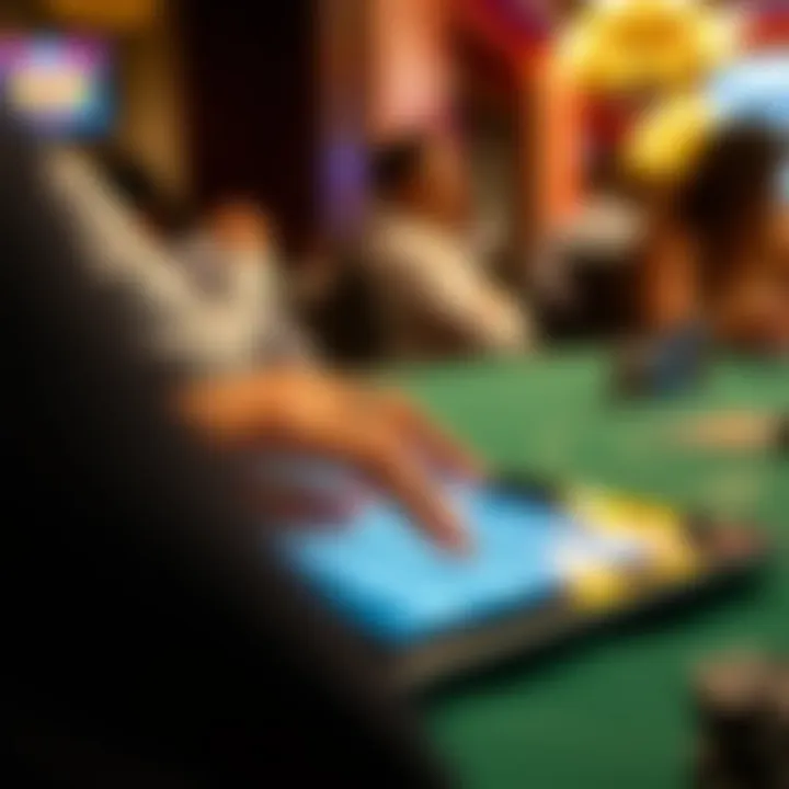 Using a Poker Hand Calculator on Tablet A close-up of a person using a poker hand calculator app on a tablet at a poker game.