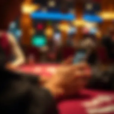 A player utilizing a poker help app while engaged in a game.