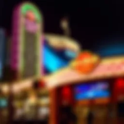 Vibrant neon-lit Hard Rock Hollywood Slots exterior at night