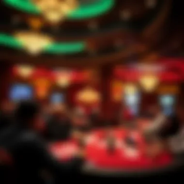A dramatic view of a bustling poker tournament venue filled with players
