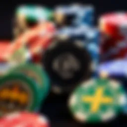 A close-up view of a collection of real clay poker chips showcasing their designs and colors