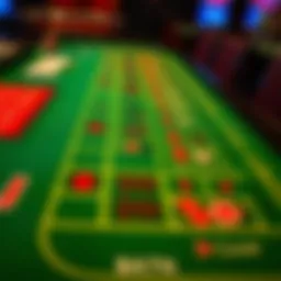 Craps table with vibrant layout highlighting different betting zones