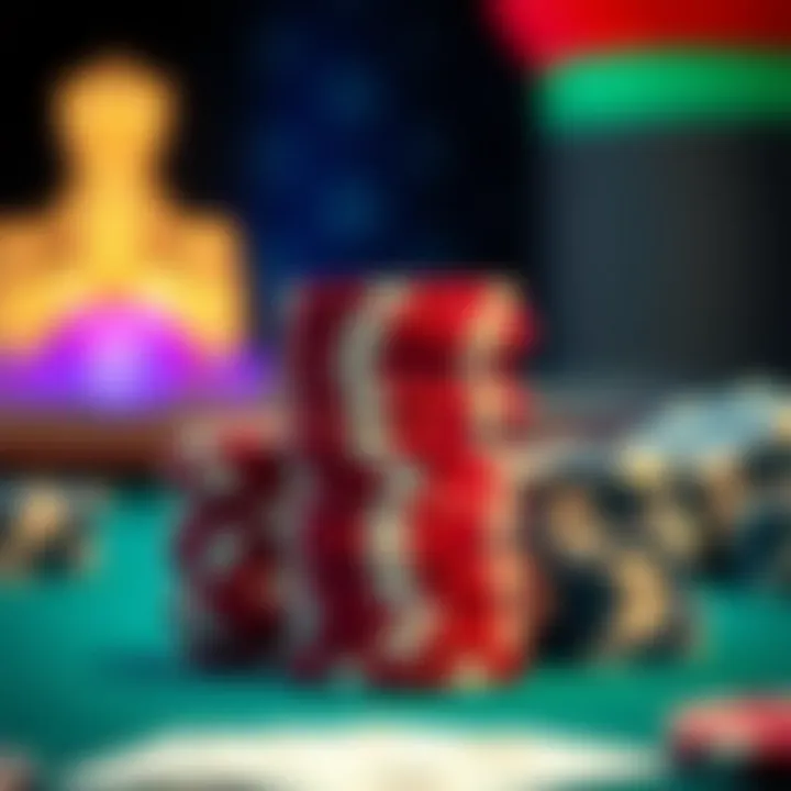 Close-up of poker chips stacked in preparation for a game