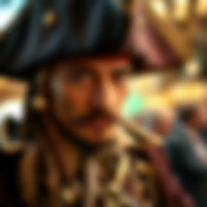 Intricate Pirate Costume Details A close-up of the intricate details of a pirate costume worn by a performer, highlighting the artistry and craftsmanship involved.