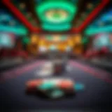 A poker table showcasing virtual chips and cards in a digital setting.