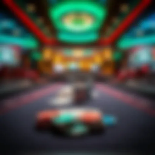 Virtual Poker Table Dynamics A poker table showcasing virtual chips and cards in a digital setting.