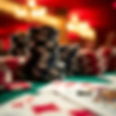 Close-up of poker chips and cards representing high stakes gameplay