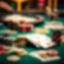 A colorful array of casino chips and cards laid out on a table.