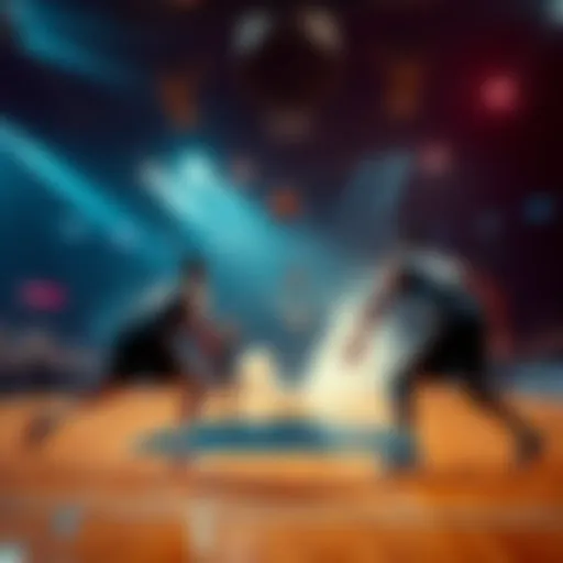 Dynamic basketball court showcasing team rivalry during March Madness