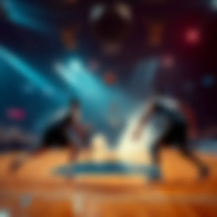 Dynamic basketball court showcasing team rivalry during March Madness