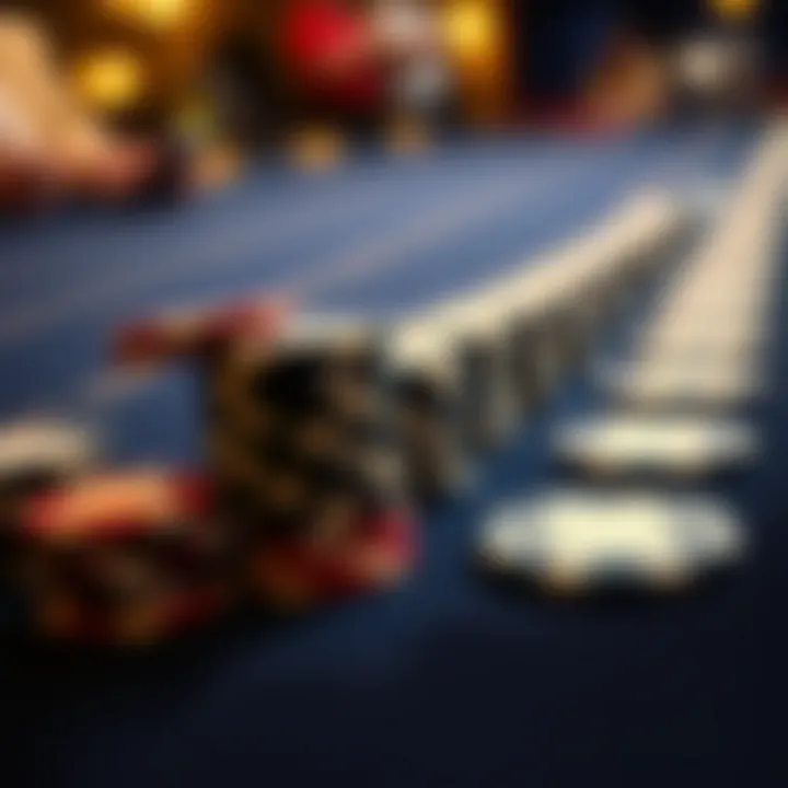 A close-up of poker chips arranged neatly on a casino table