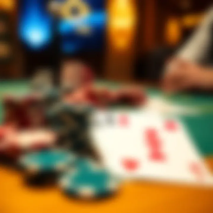 Close-up of poker chips and cards on a table, symbolizing the game's strategic elements.