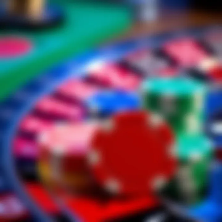 Close-up of roulette chips in various colors, representing betting strategies